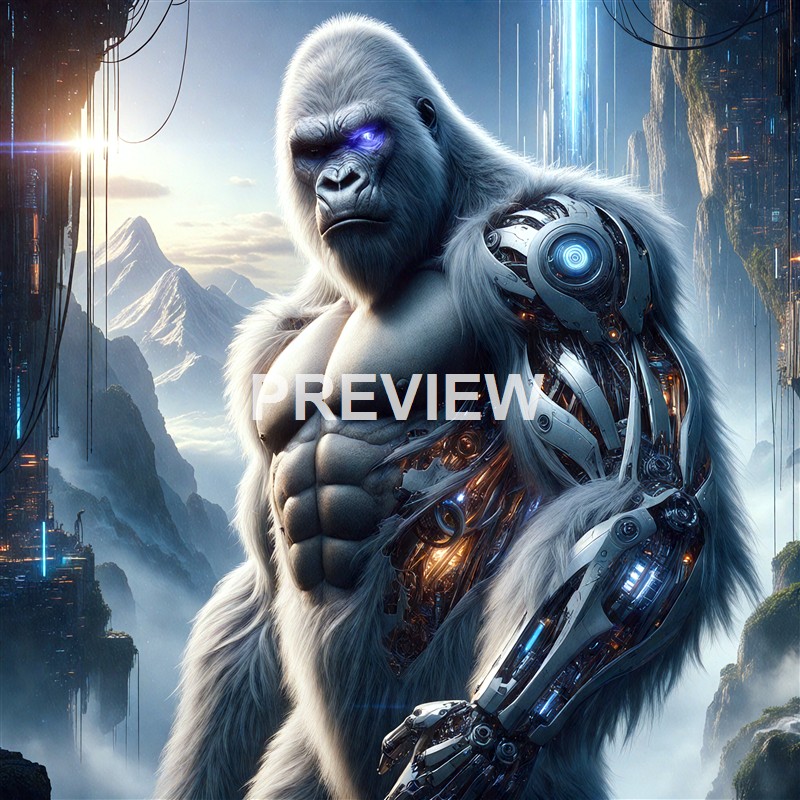 A highly detailed, futuristic depiction of a humanoid gorilla with robotic enhancements on one arm, set against a mountainous, sci-fi landscape with glowing elements.
